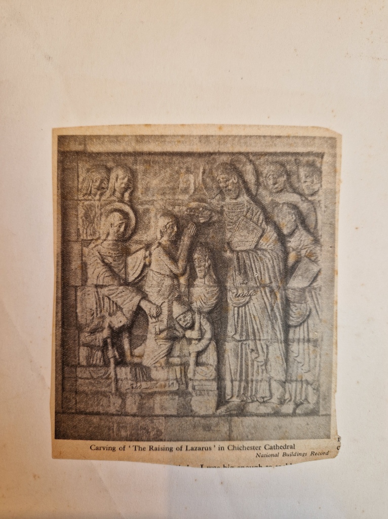 Clipping of carving at Chichester Cathedral found tucked in the back cover of 'les hommes de la danse'
